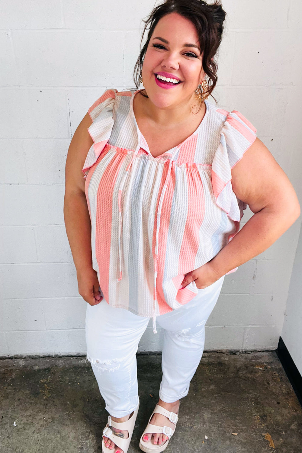 Coral &amp; Light Blue Stripe Waffle Tie Neck Tops | Nikki &amp; Co. Boutique