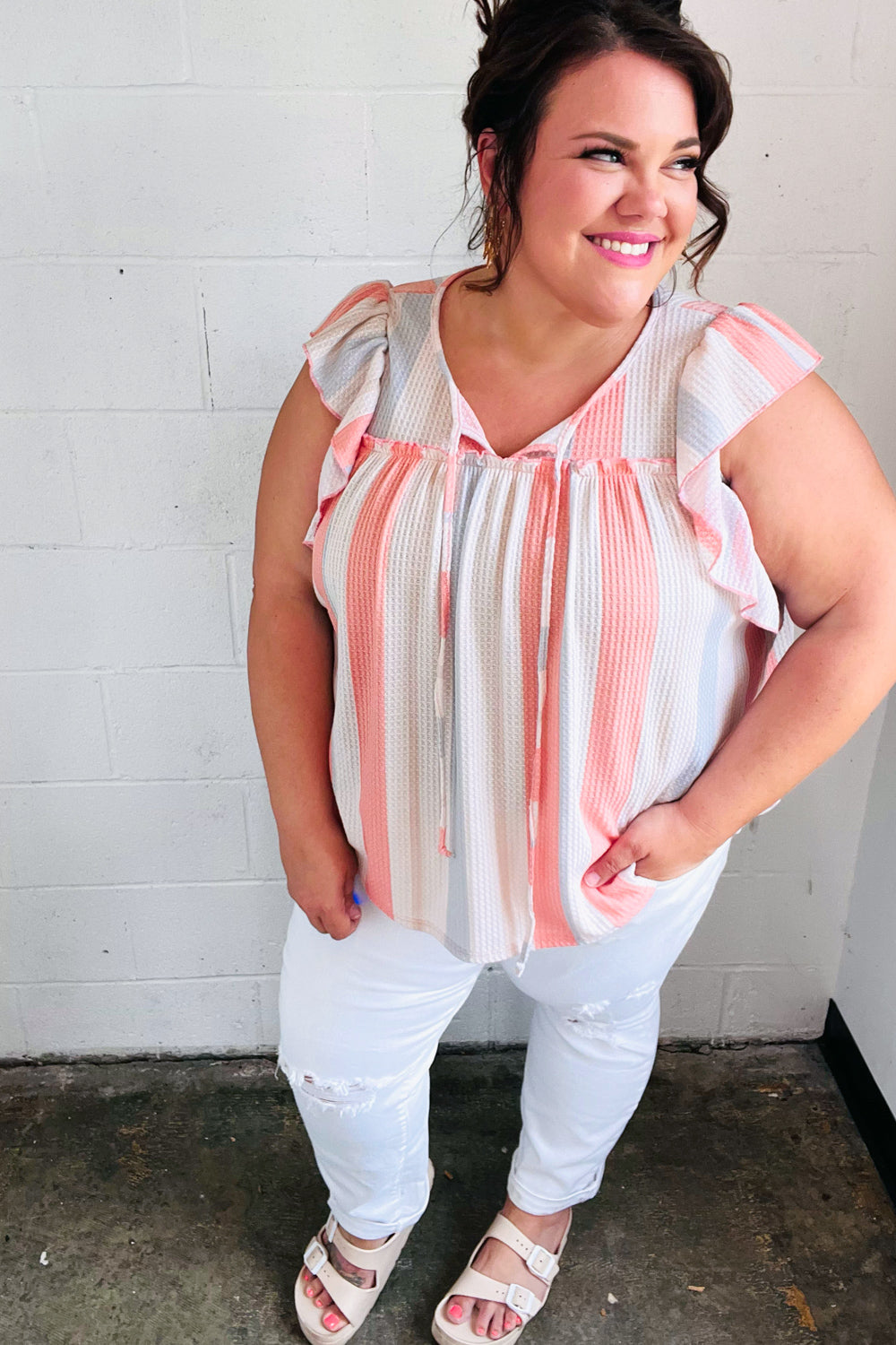Coral &amp; Light Blue Stripe Waffle Tie Neck Tops | Nikki &amp; Co. Boutique