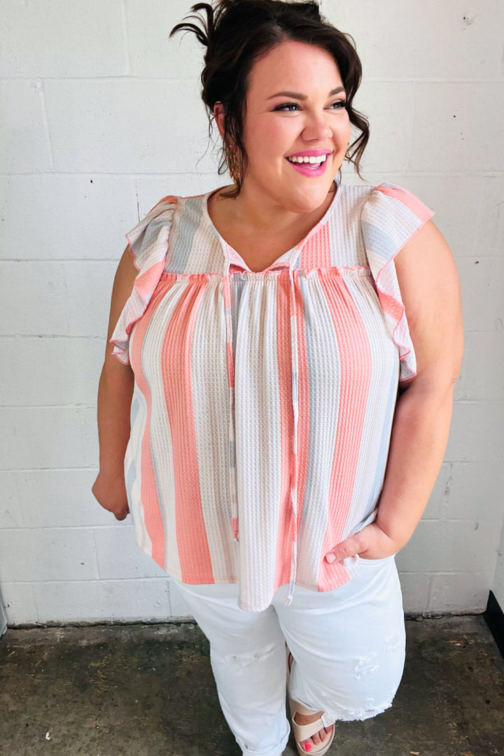 Coral &amp; Light Blue Stripe Waffle Tie Neck Tops | Nikki &amp; Co. Boutique