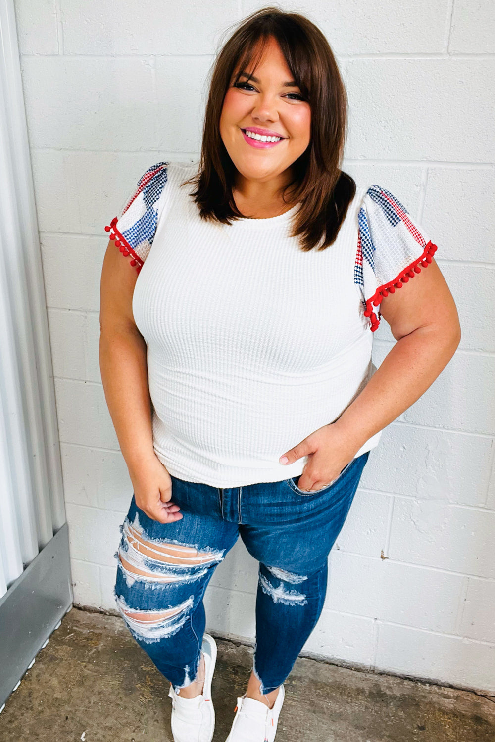 Patriotic Pom Pom Lace Flutter Sleeve Tops | Nikki &amp; Co. Boutique