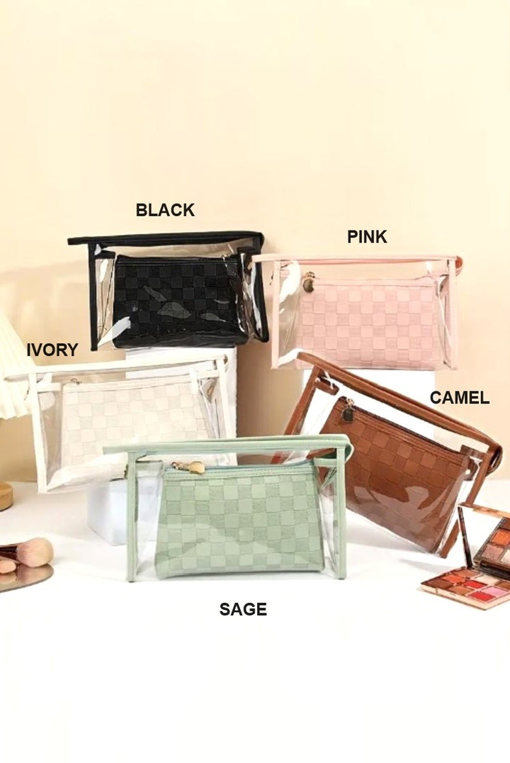Clear large make up bag with color outline and smaller matching colored second bag