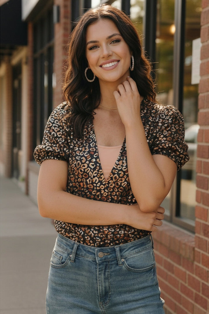 Midnight Leopard Shimmer Bodysuit | Nikki &amp; Co. Boutique