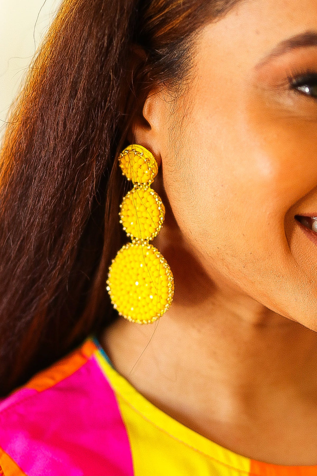 Yellow Beaded Round Pendant Earrings | Nikki &amp; Co. Boutique