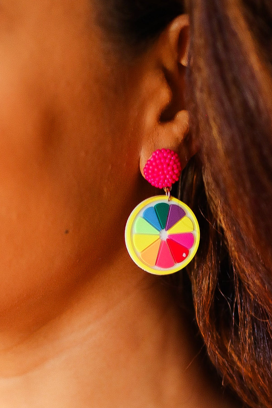 Fuchsia Beaded Stud Multicolor Wood Dangle Earrings | Nikki &amp; Co. Boutique