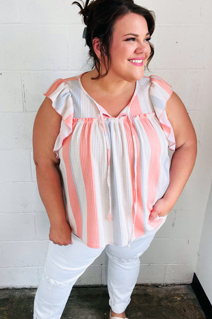 Coral &amp; Light Blue Stripe Waffle Tie Neck Tops | Nikki &amp; Co. Boutique