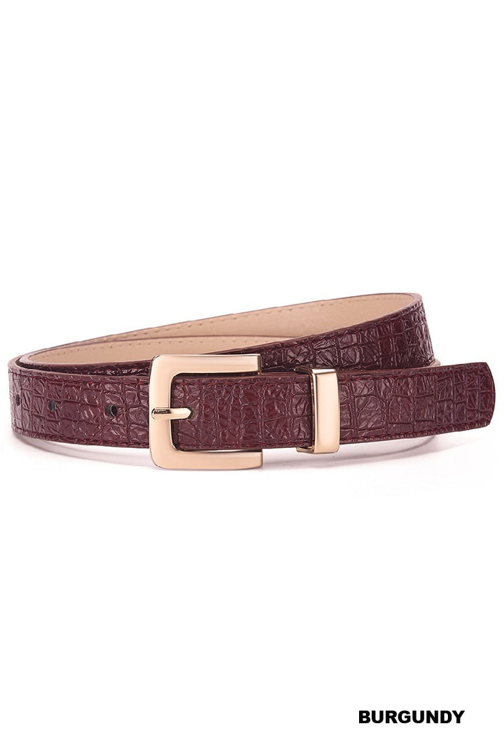Burgundy leather belt with a gold buckle on a white background