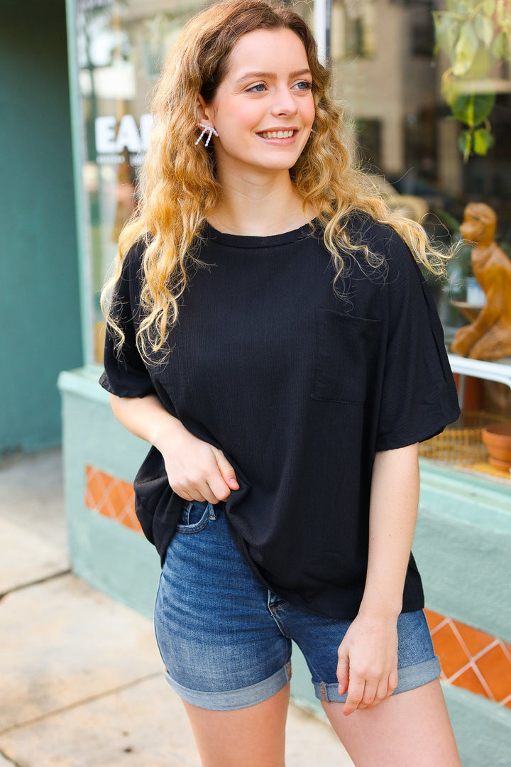 Be Bold Black Crinkle Texture Pocketed Dolman Tops | Nikki &amp; Co. Boutique