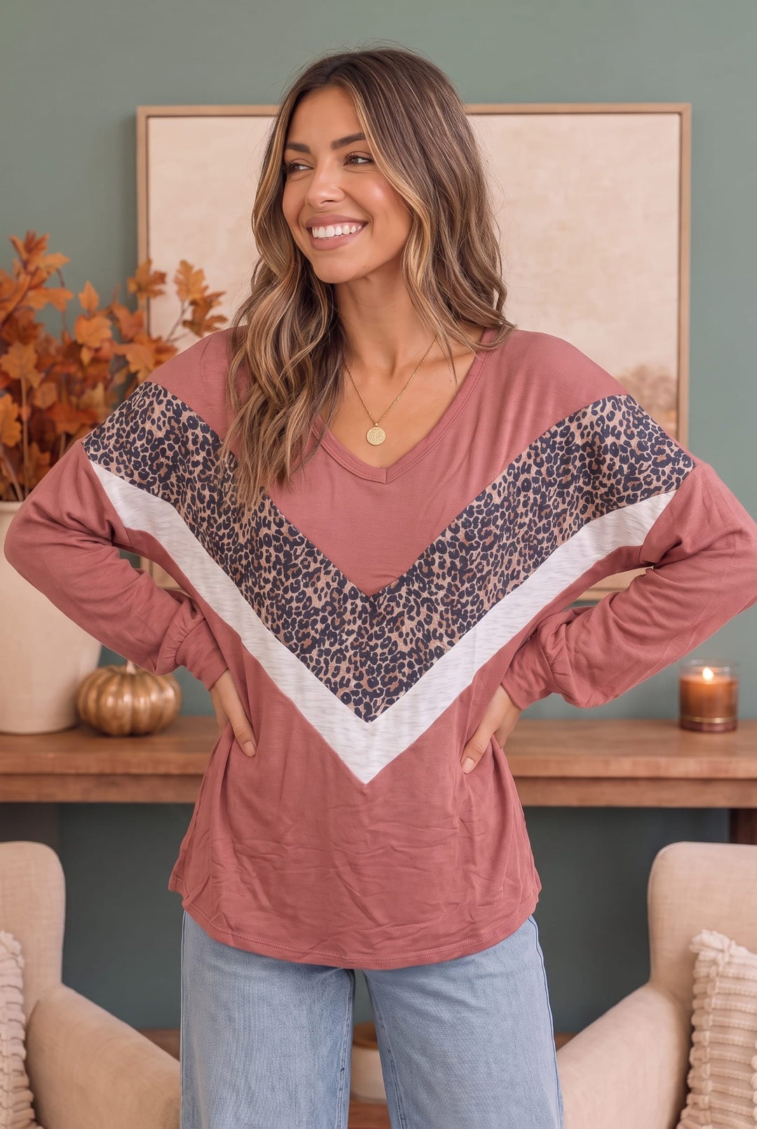 Rose Leopard Chevron Colorblock Long Sleeve Top - Nikki &amp; Co. Boutique