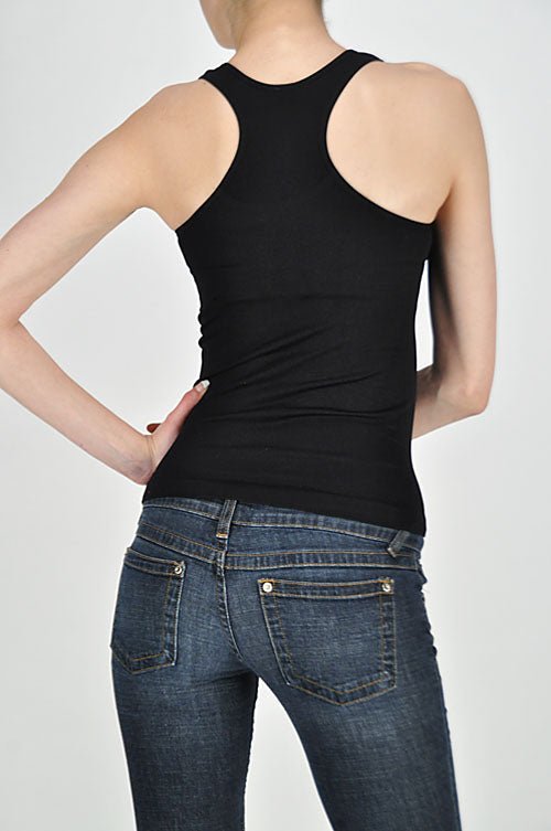 Stretchy ribbed seamless racerback tank top in Black — back view, one size fits all. Stretchy Ribbed Seamless Racerback Tank Top (NP) - 7 color options! | Nikki &amp; Co. Boutique