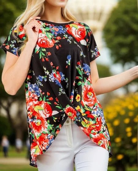 Black Floral Top - Front Knot (NP) | Nikki &amp; Co. Boutique