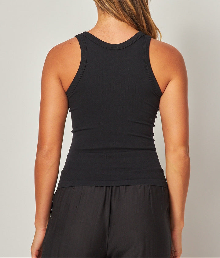 Fine ribbed seamless high neck tank top in Black, back view, available in S/M and M/L. Fine Ribbed Seamless High Neck Tank Top (NP) - 9 colors | Nikki &amp; Co. Boutique