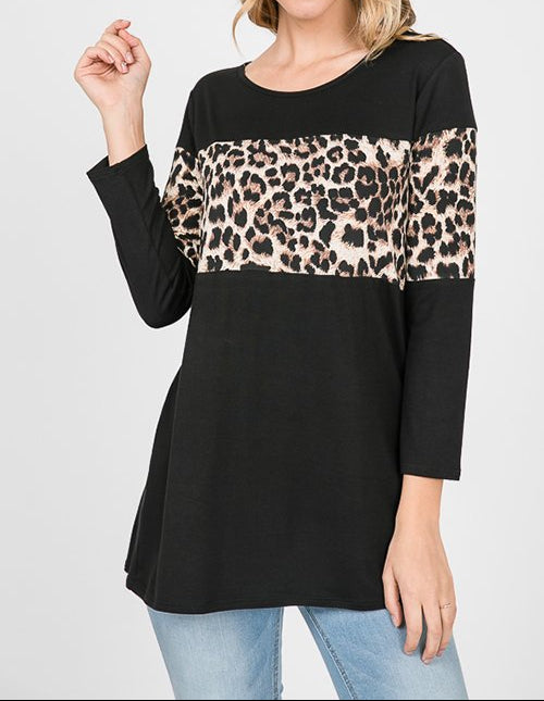 Heimish - (NP) Three Quarter Length Sleeve, Black and Leopard Print Top