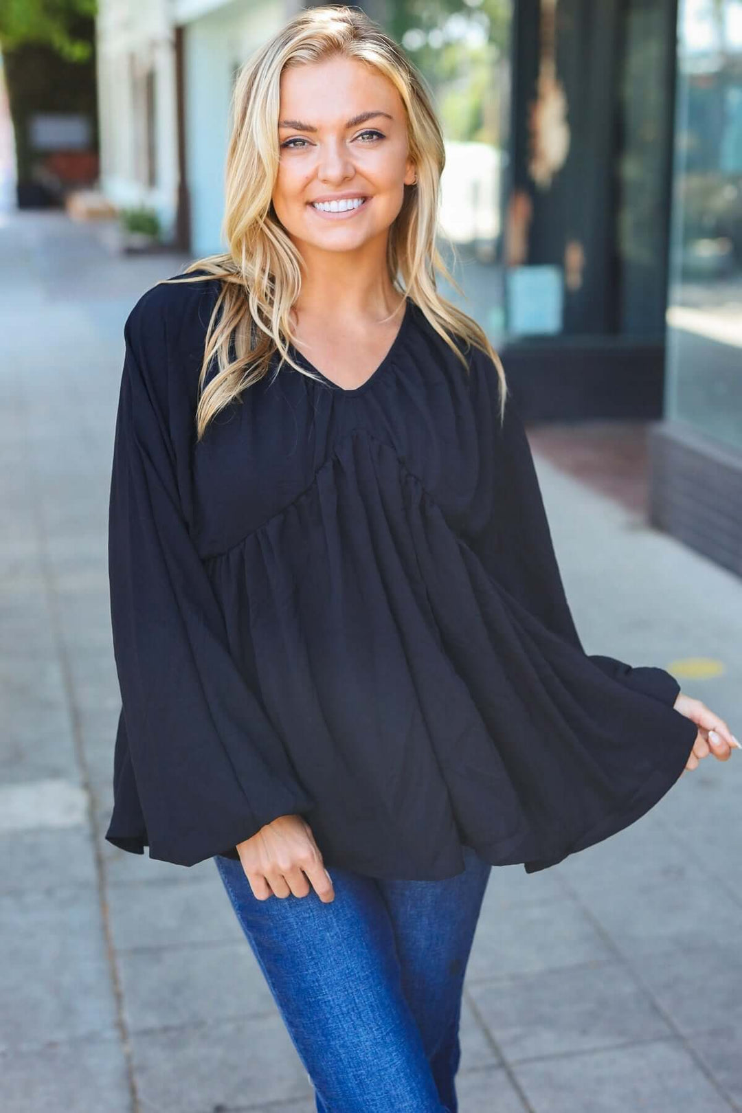 Simple Elegance Black V Neck Babydoll Woven Top - Nikki &amp; Co. Boutique