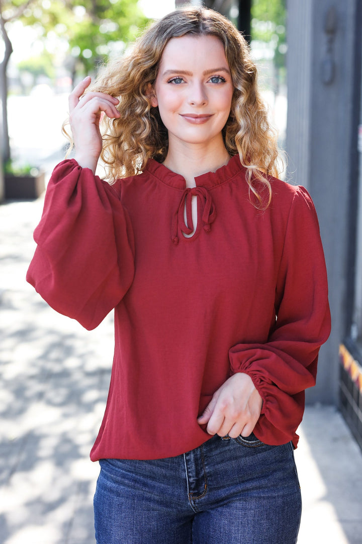 Feeling Femme Off Burgundy Frilled Edge V Neck Tie Tops | Nikki &amp; Co. Boutique