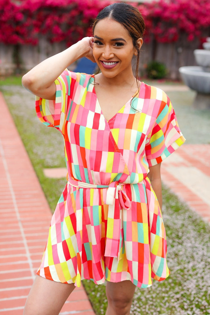 Eyes On You Coral Geo Abstract Surplice Woven Romper - Nikki &amp; Co. Boutique