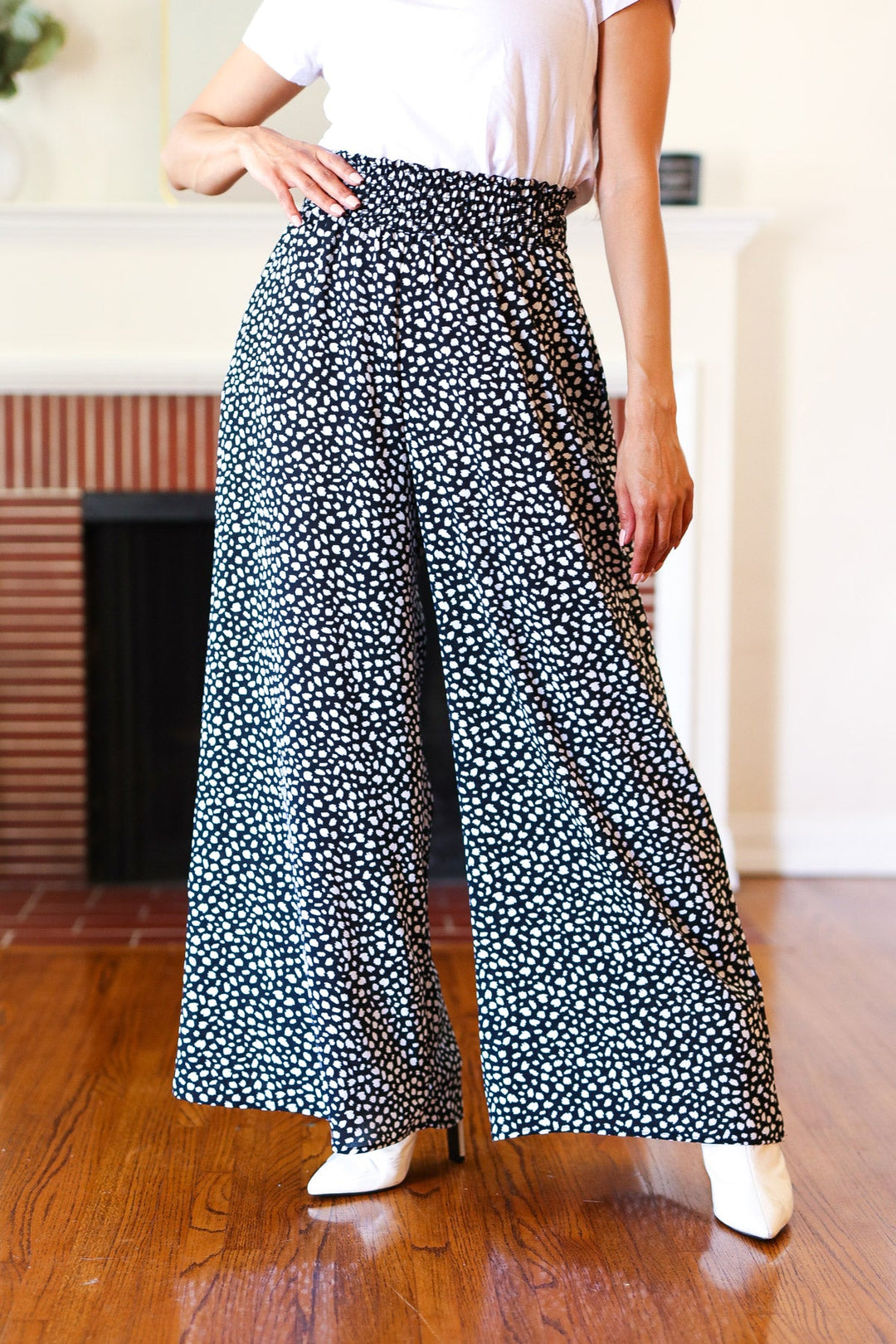 Let's Meet Up Black Animal Print Smocked Waist Palazzo Pants | Nikki & Co. Boutique