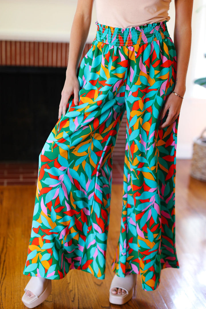 Summer Vibes Green &amp; Orange Abstract Print Smocked Palazzo Pants | Nikki &amp; Co. Boutique
