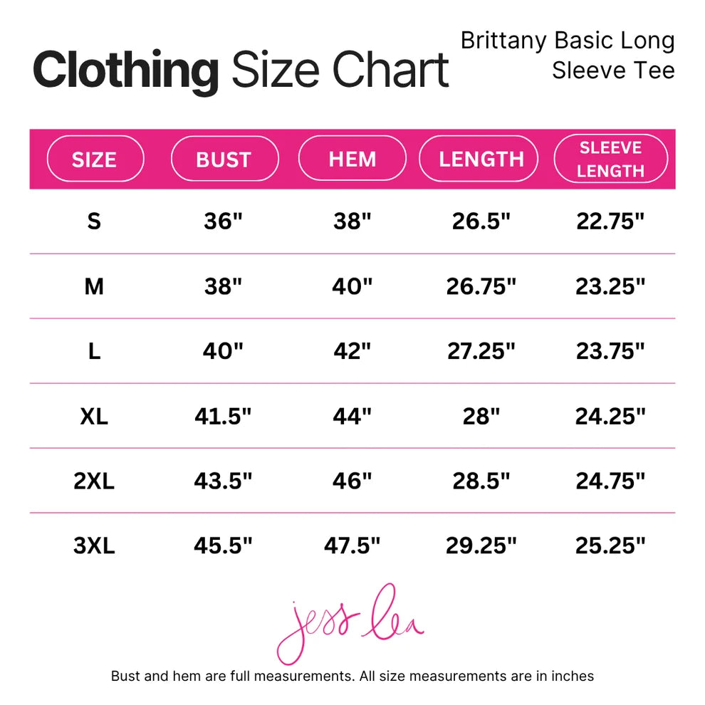A clothing size chart for a Brittany Basic long sleeve tee, showing measurements for sizes S through 3XL in a pink and white table format.