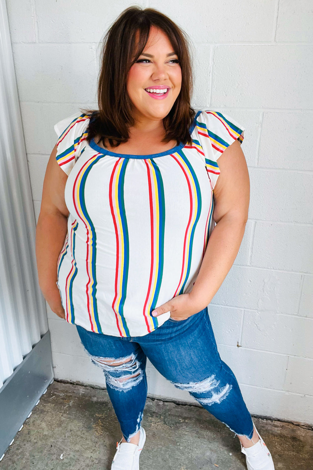 Multicolor Striped Raglan Flutter Sleeve Tops | Nikki &amp; Co. Boutique