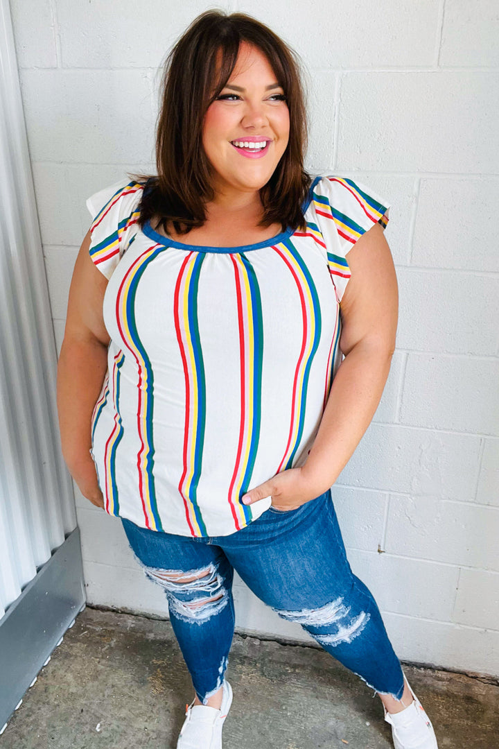 Multicolor Striped Raglan Flutter Sleeve Tops | Nikki &amp; Co. Boutique