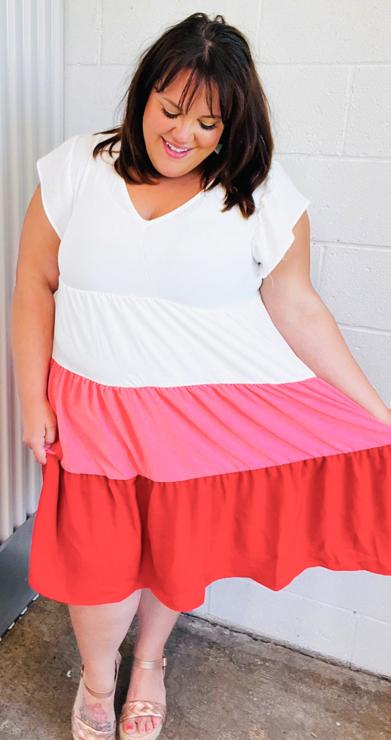 Peach &amp; Cherry Red Tiered Frill Sleeve Midi Dress | Nikki &amp; Co. Boutique