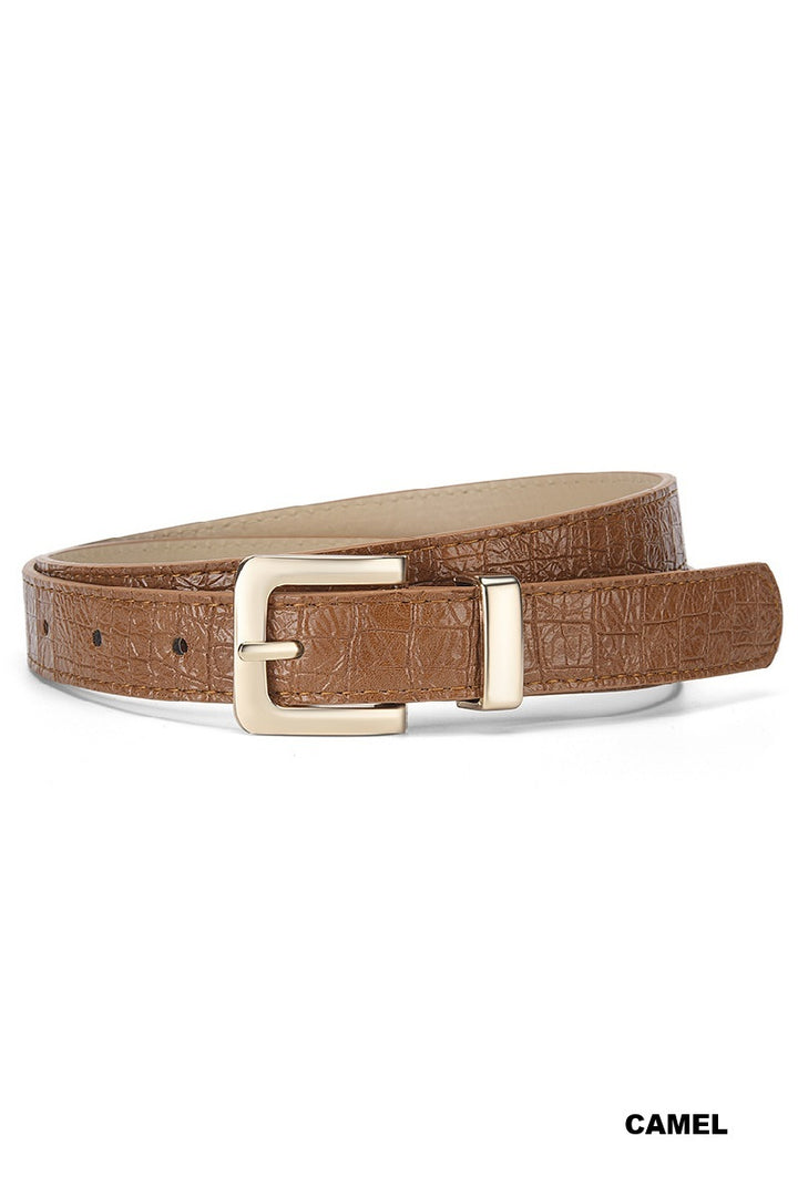 Camel belt with a gold buckle on a white background