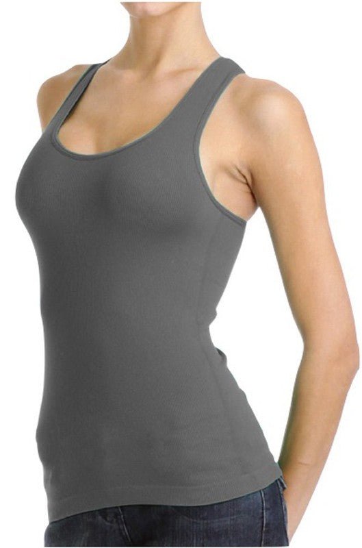 Stretchy ribbed seamless racerback tank top in Charcoal — front view, one size fits all. Stretchy Ribbed Seamless Racerback Tank Top (NP) - 7 color options! | Nikki &amp; Co. Boutique