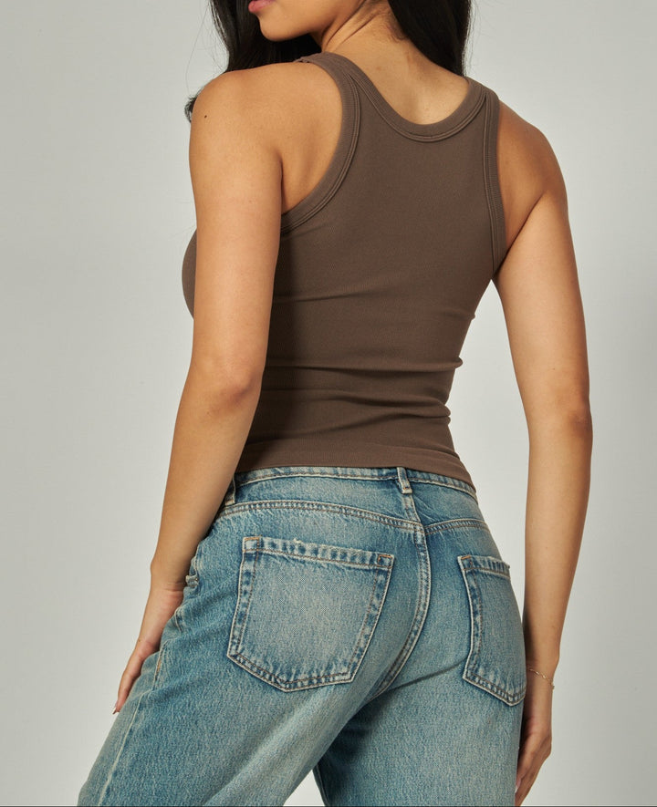 Fine ribbed seamless high neck tank top in Chocolate, back view, available in S/M and M/L. Fine Ribbed Seamless High Neck Tank Top (NP) - 9 colors | Nikki &amp; Co. Boutique