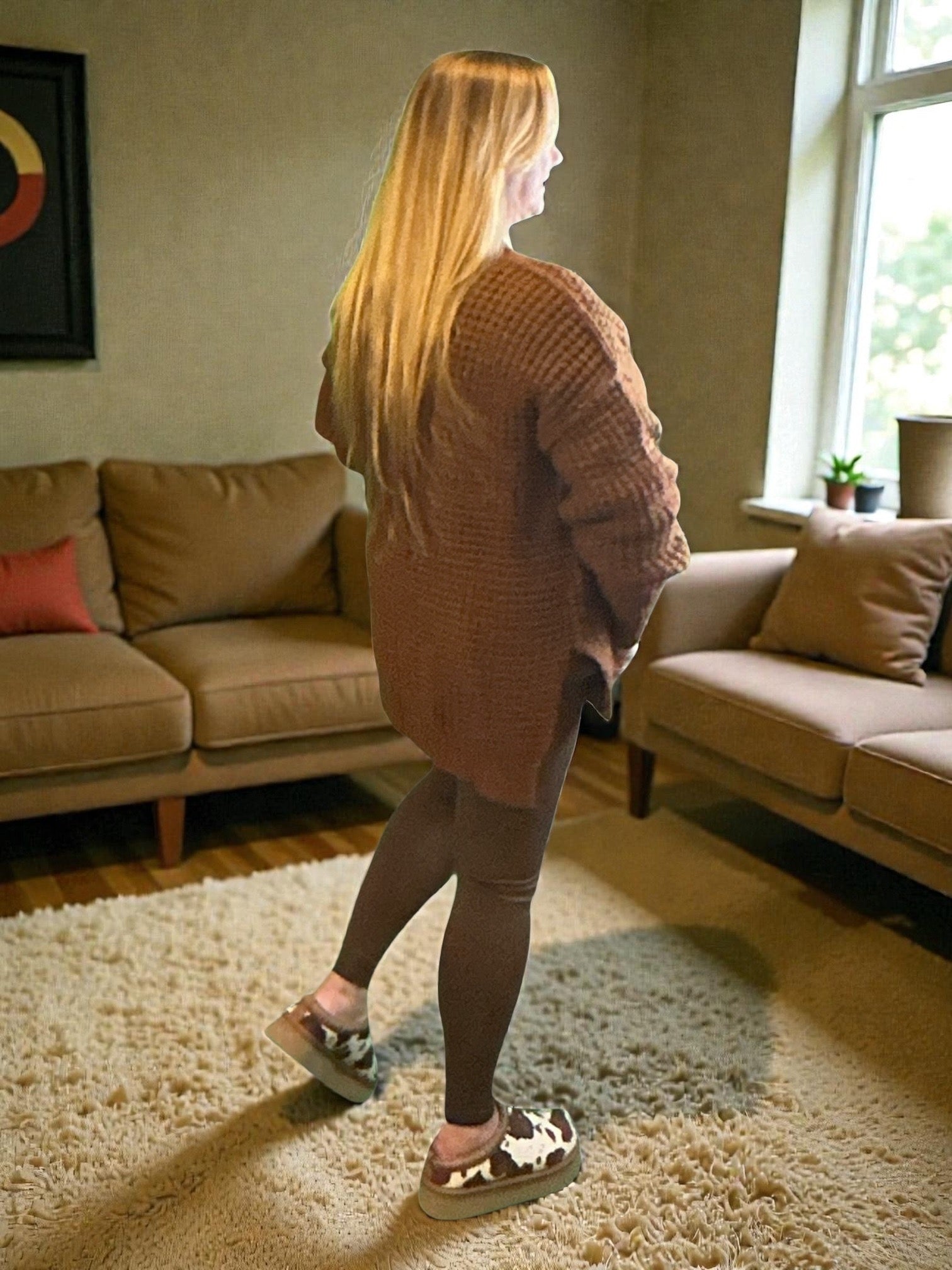 Woman standing in a living room wearing a brown sweater and tights.