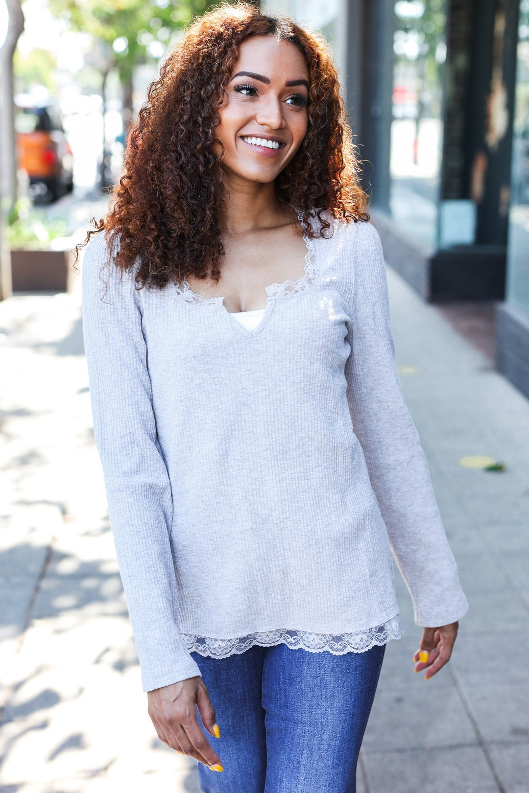 Feels Like Love Grey Lace Trim Rib Long Sleeve Top | Nikki &amp; Co. Boutique