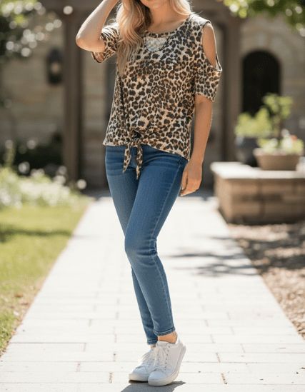 Cold Shoulder Leopard Print Top - Knot Tie Waist (NP) - Nikki &amp; Co. Boutique