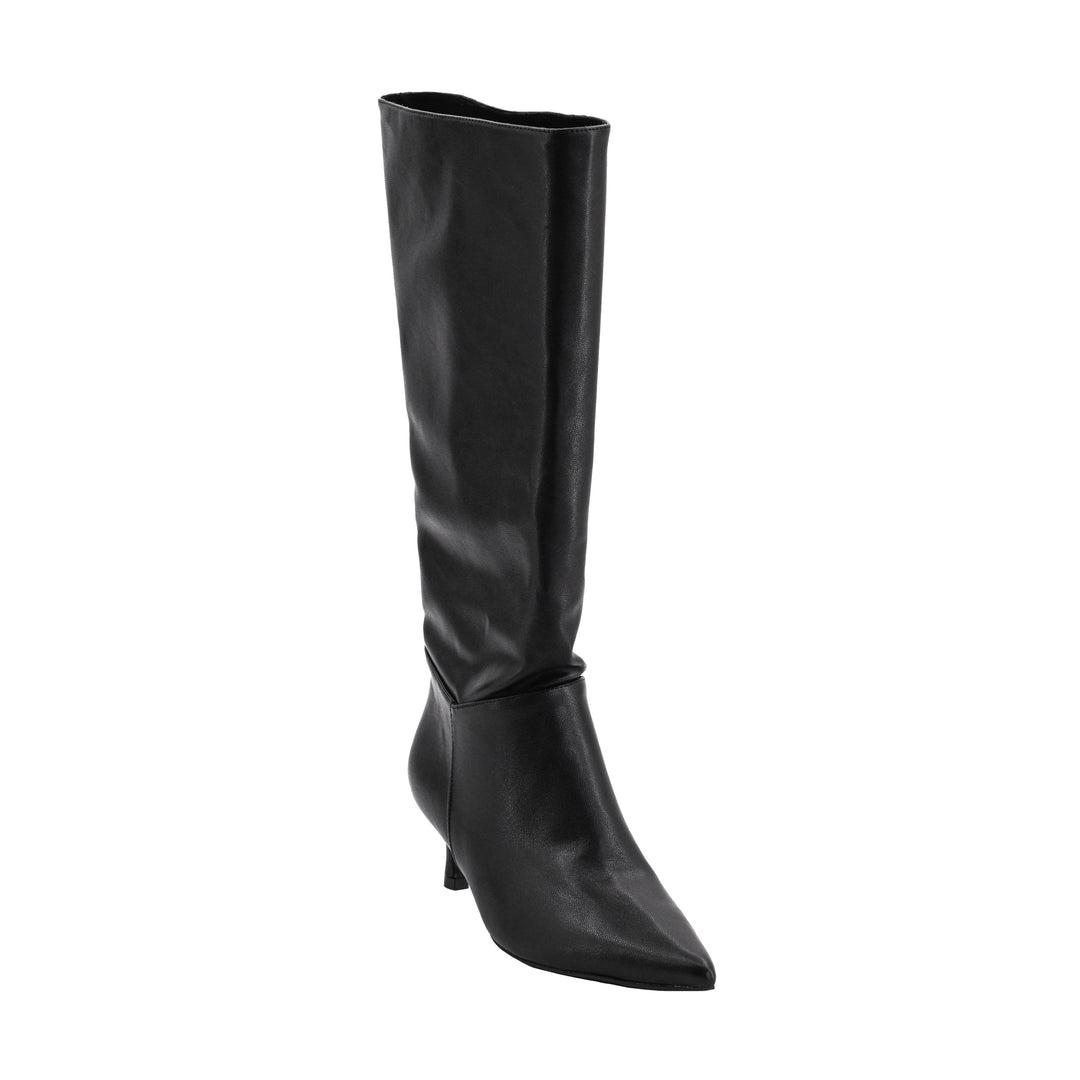 A single black leather knee-high boot with a pointed toe and a low kitten heel, shown from a three-quarters angle against a plain white background.