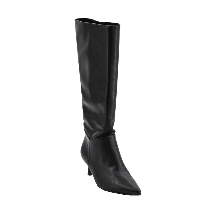 A single black leather knee-high boot with a pointed toe and a low kitten heel, shown from a three-quarters angle against a plain white background.