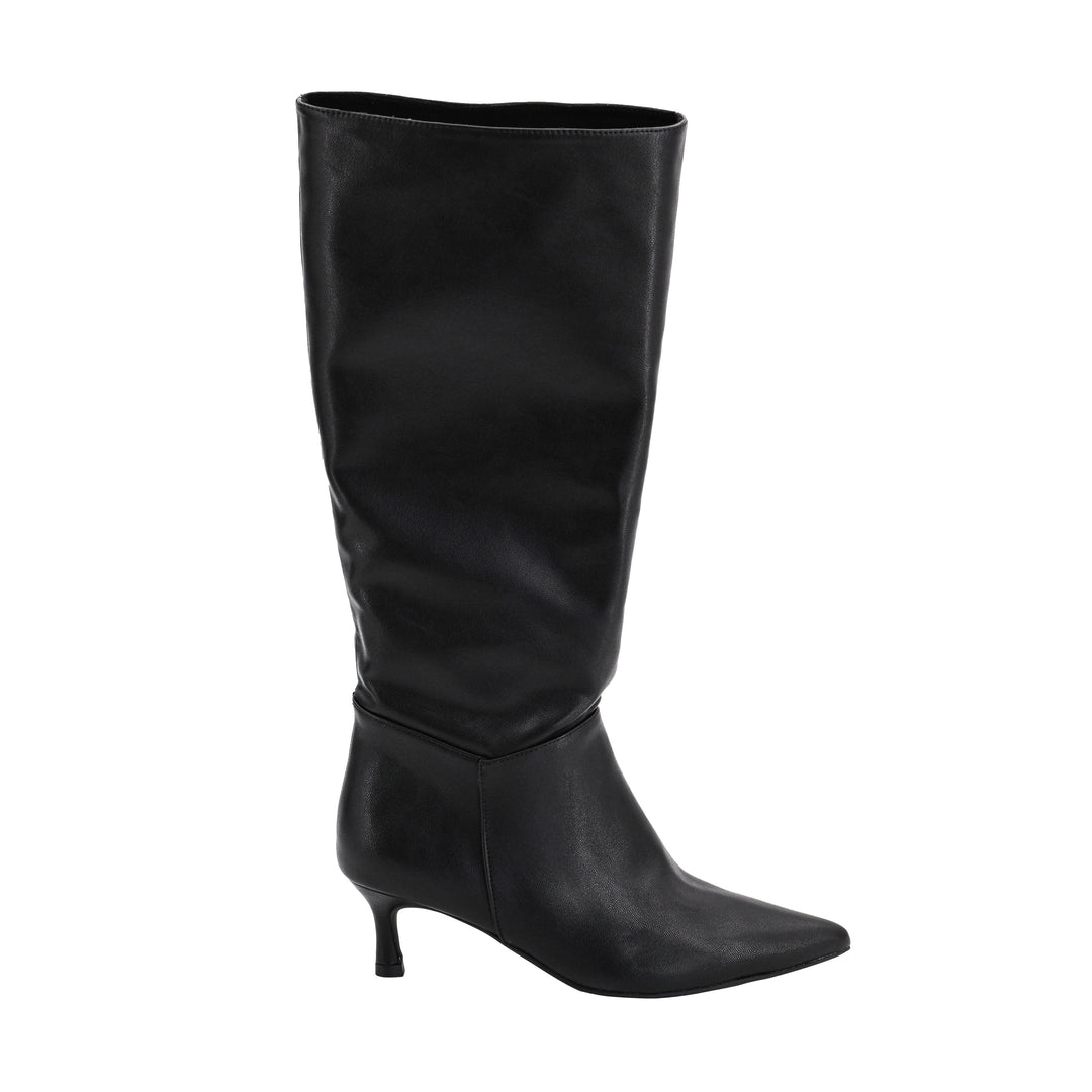A single black leather knee-high boot with a pointed toe and a short kitten heel, shown from a side profile on a plain white background.