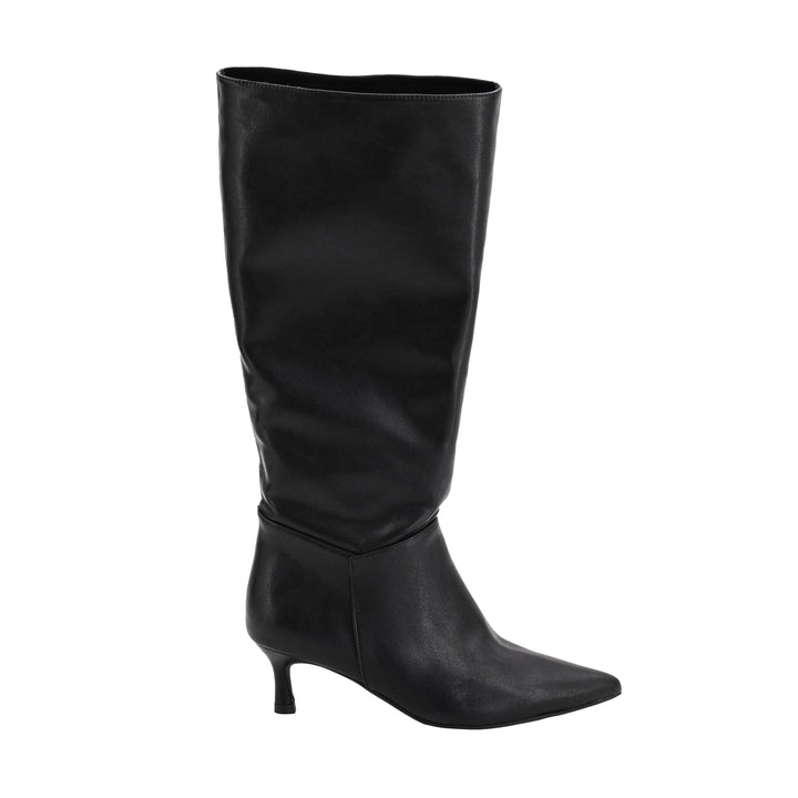 A single black leather knee-high boot with a pointed toe and a short kitten heel, shown from a side profile on a plain white background.