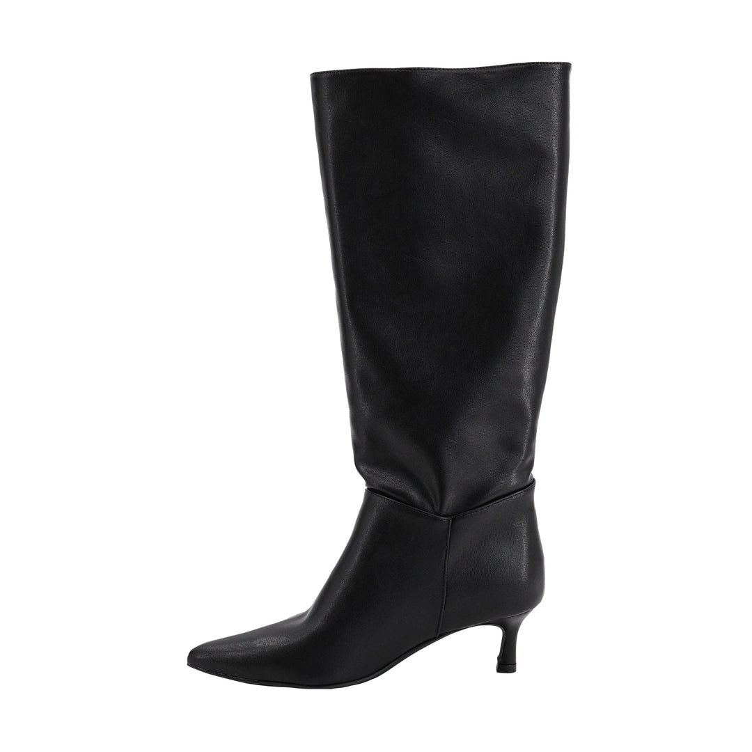 A single black leather knee-high boot with a pointed toe and a short kitten heel, shown from a side profile on a solid white background.