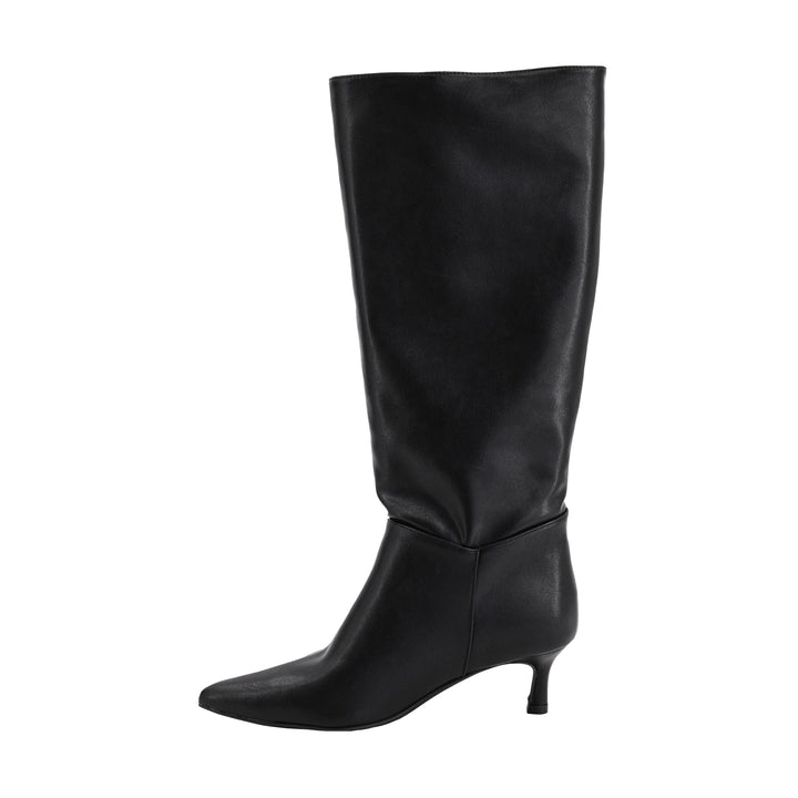 A single black leather knee-high boot with a pointed toe and a short kitten heel, shown from a side profile on a solid white background.