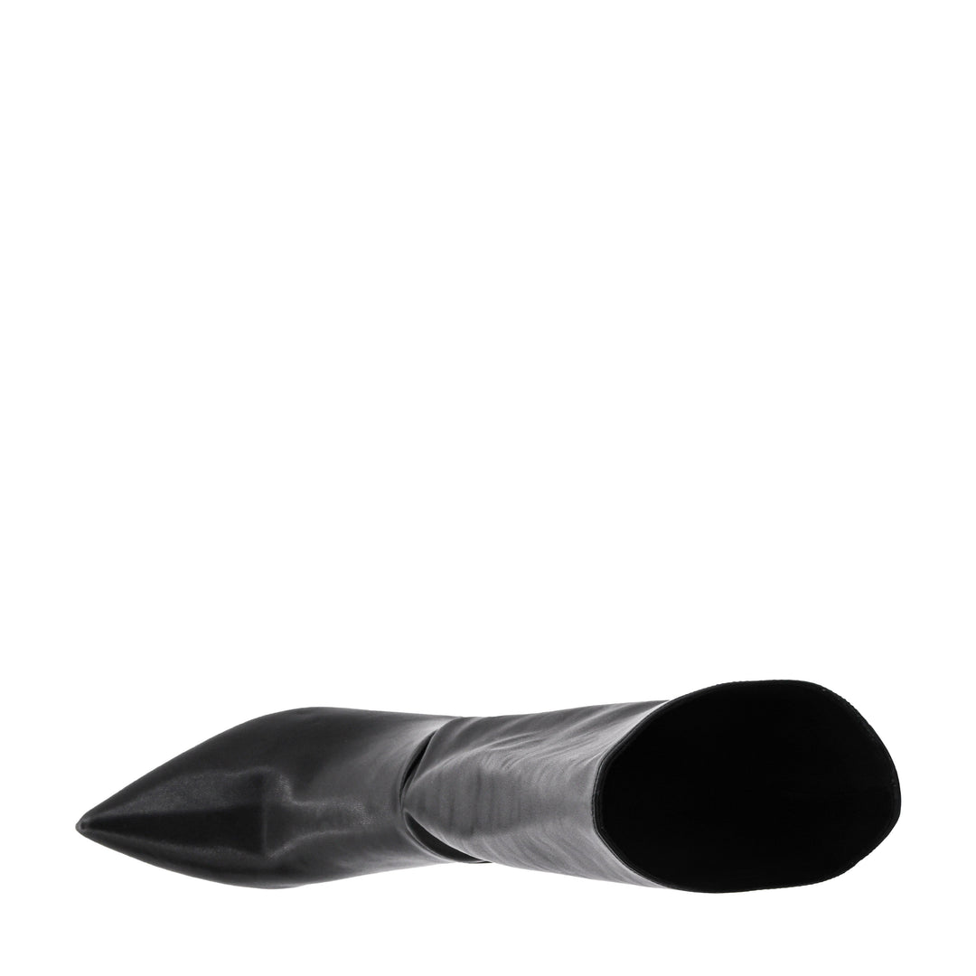 A single black leather knee-high boot with a pointed toe and a short kitten heel, shown from a top-down profile on a solid white background.