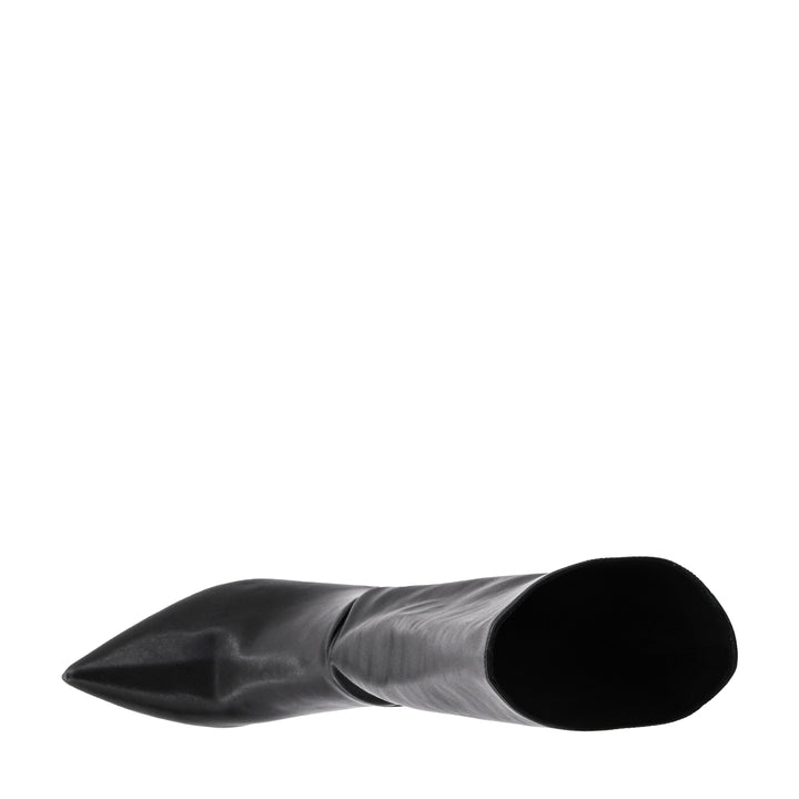 A single black leather knee-high boot with a pointed toe and a short kitten heel, shown from a top-down profile on a solid white background.