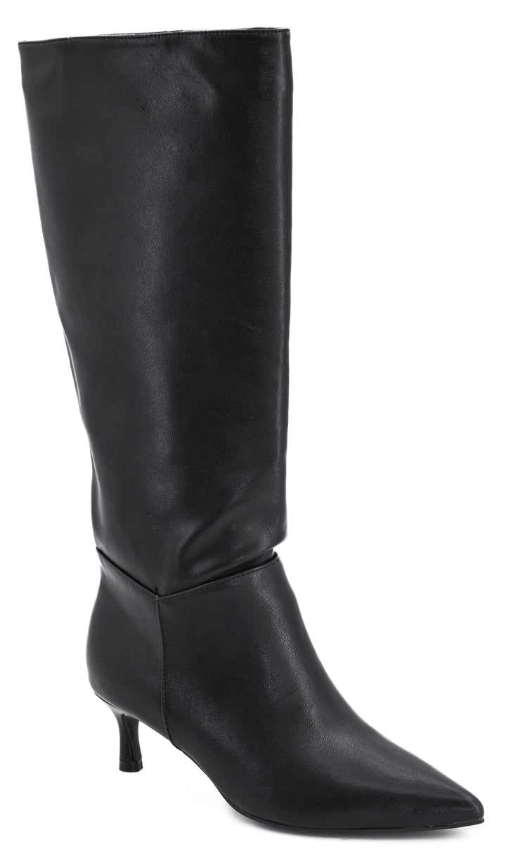 Black knee-high boot with a pointed toe and kitten heel on a white background