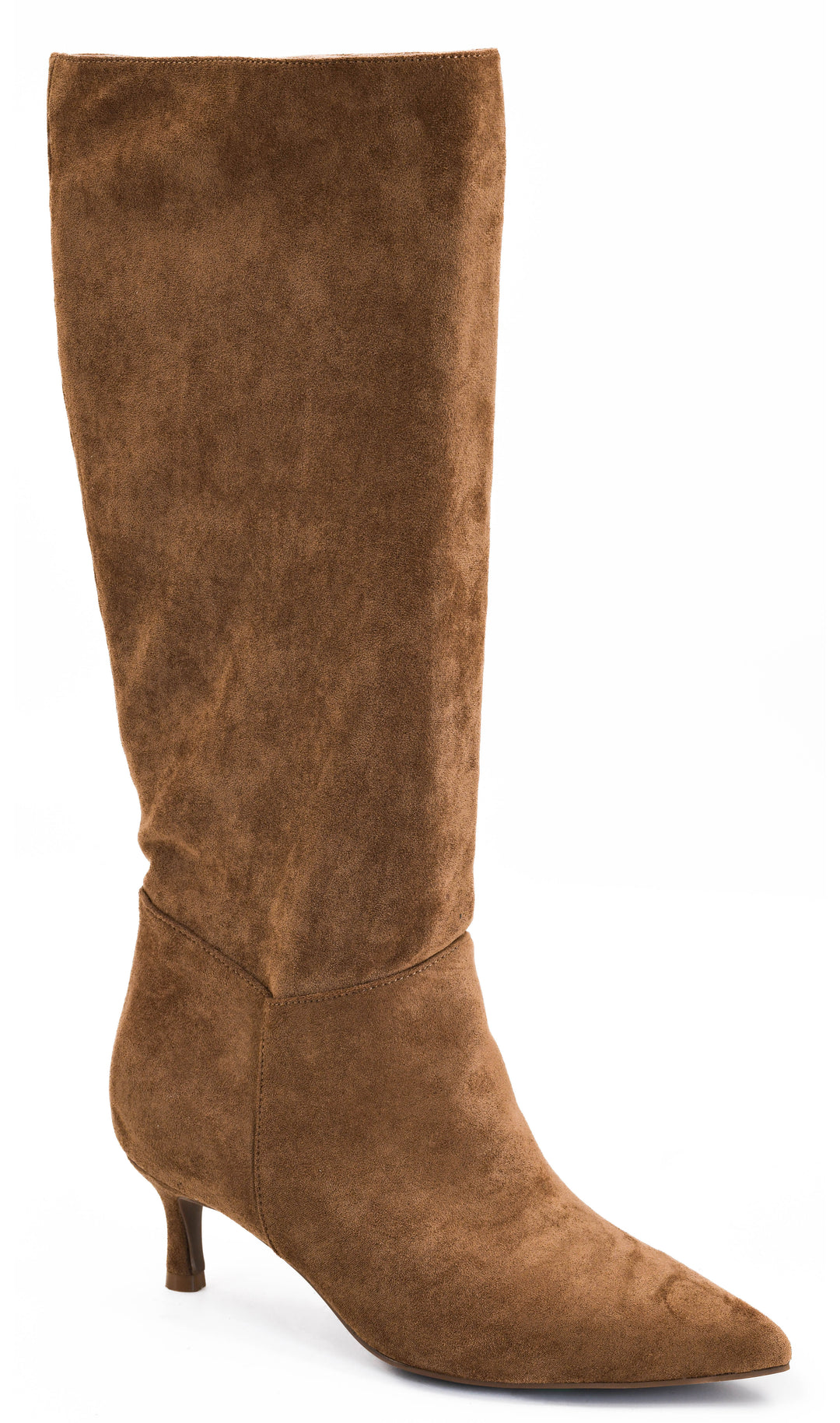 A single brown suede knee-high boot with a pointed toe and a slim kitten heel, shown against a plain white background.