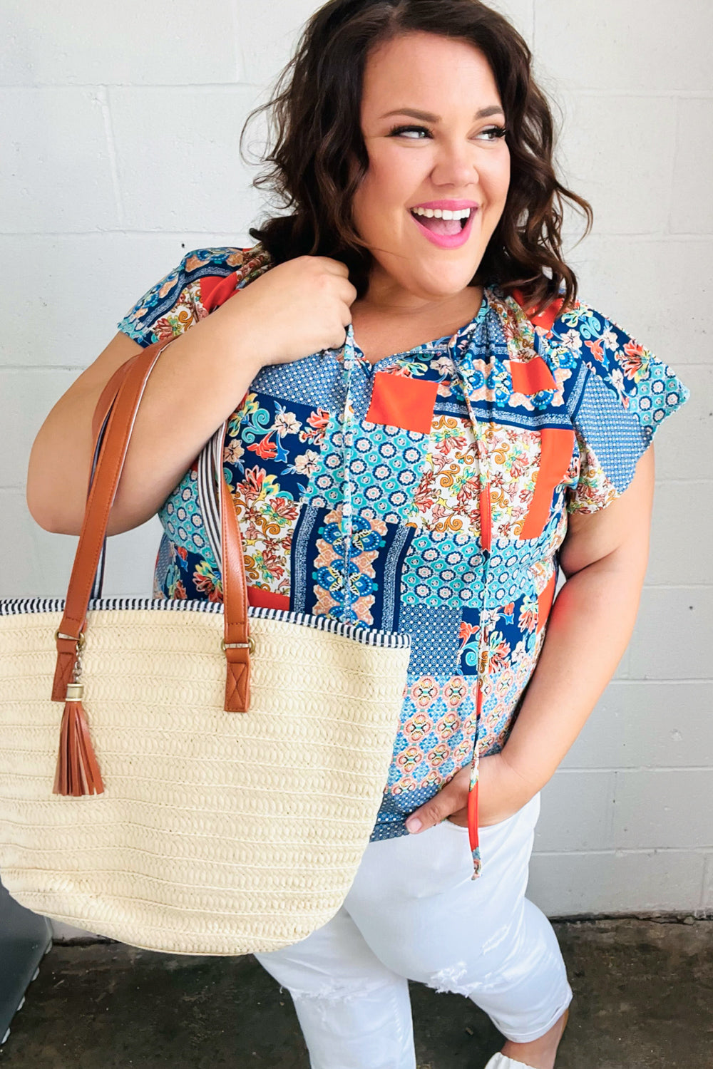 Blue &amp; Orange Boho Patchwork Raglan Tops | Nikki &amp; Co. Boutique