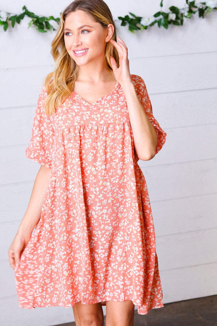 Peach Ditzy Floral Woven Dolman V Neck Dress | Nikki &amp; Co. Boutique