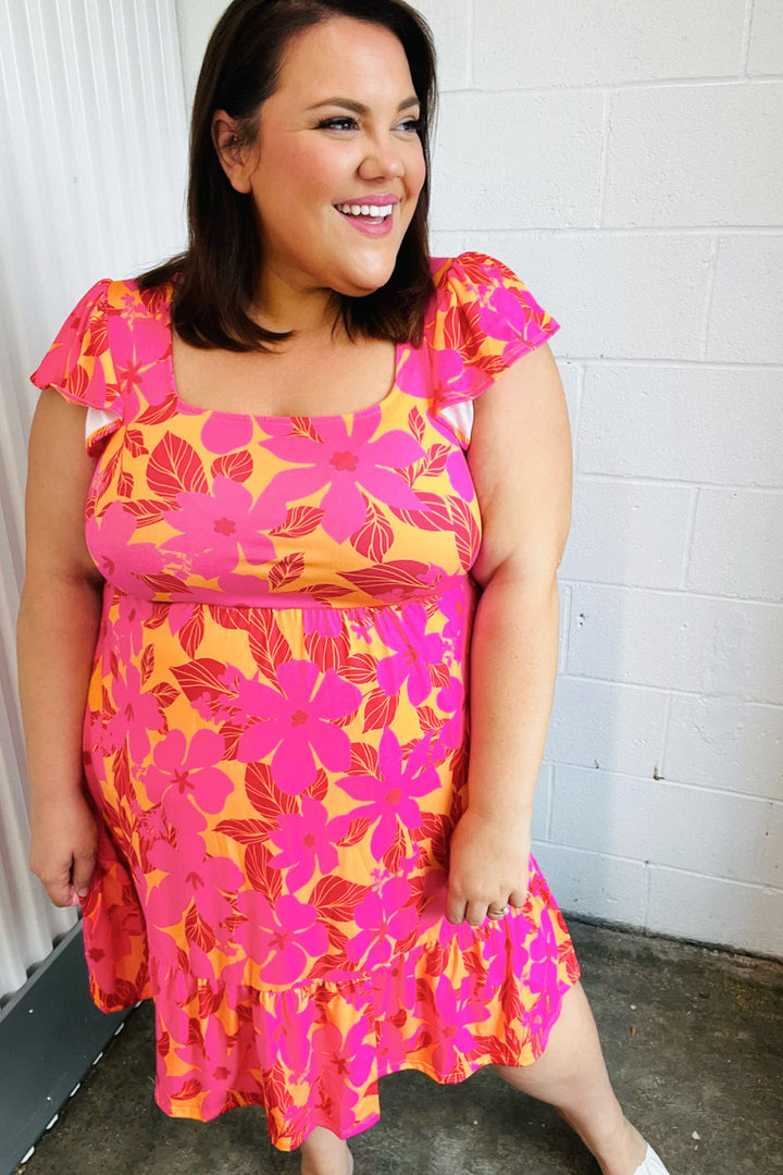 Fuchsia &amp; Orange Tropical Floral Square Neck Dress | Nikki &amp; Co. Boutique