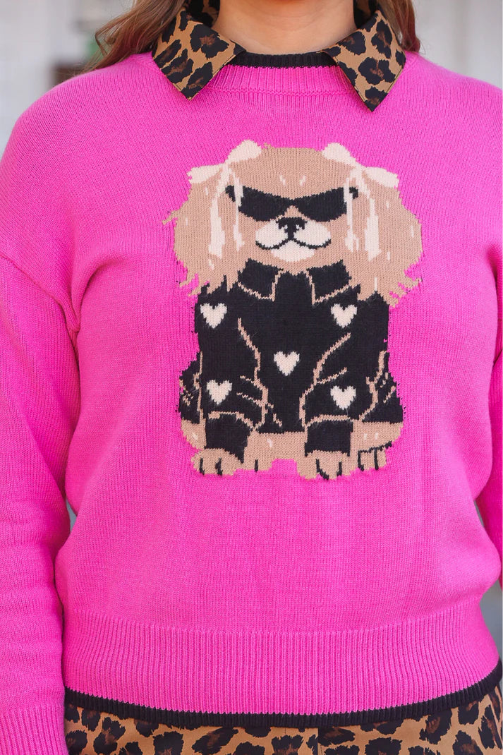 Person wearing a pink sweater with a dog design and leopard print collar and cuffs.