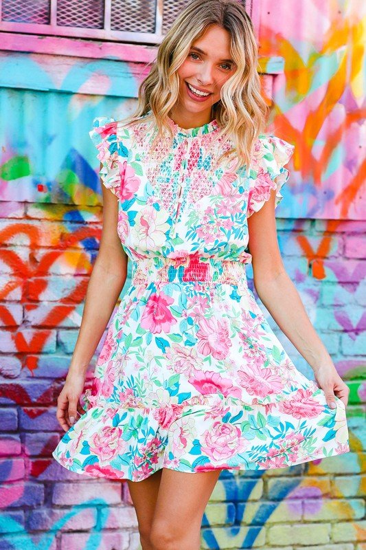Under Your Spell Floral Smocked Flutter Sleeve Ruffle Mini Dress - Nikki &amp; Co. Boutique