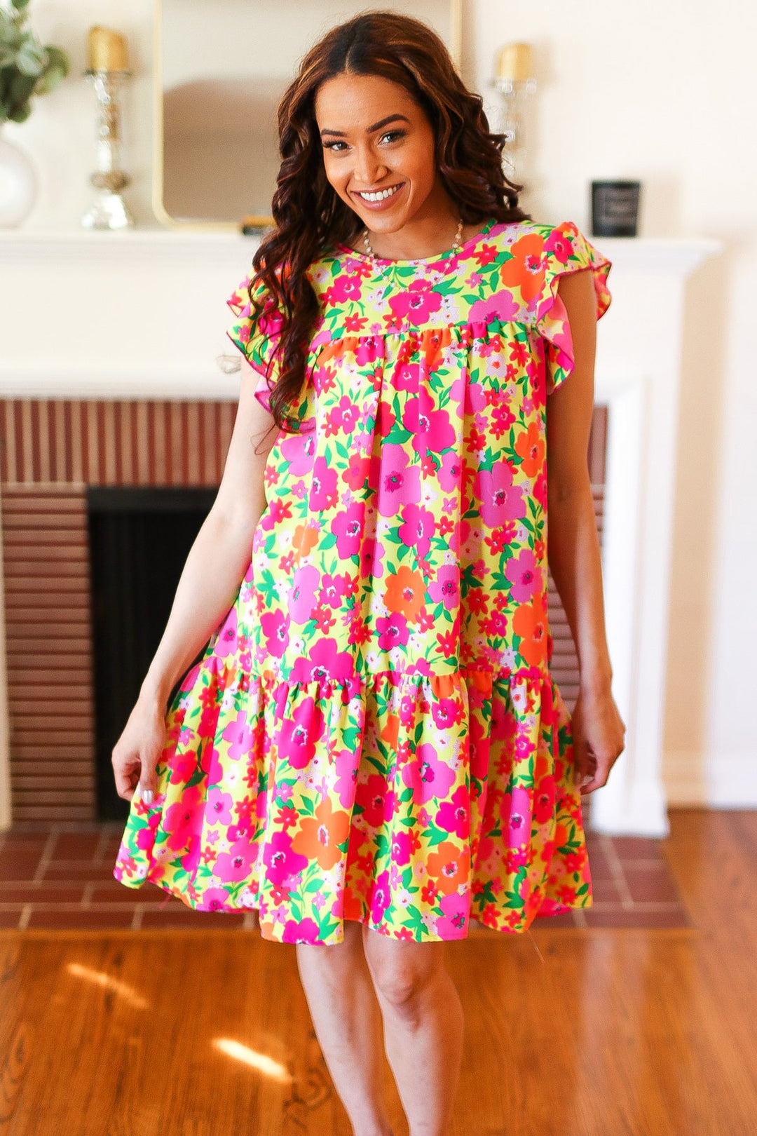Be Charming Lime &amp; Pink Floral Print Tiered Ruffle Sleeve Dress | Nikki &amp; Co. Boutique