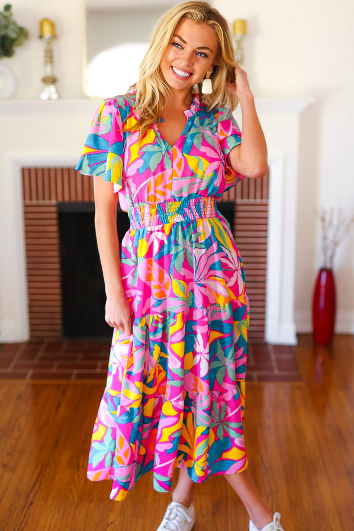 Tropical Trance Fuchsia Floral Smocked Waist Maxi Dress | Nikki &amp; Co. Boutique