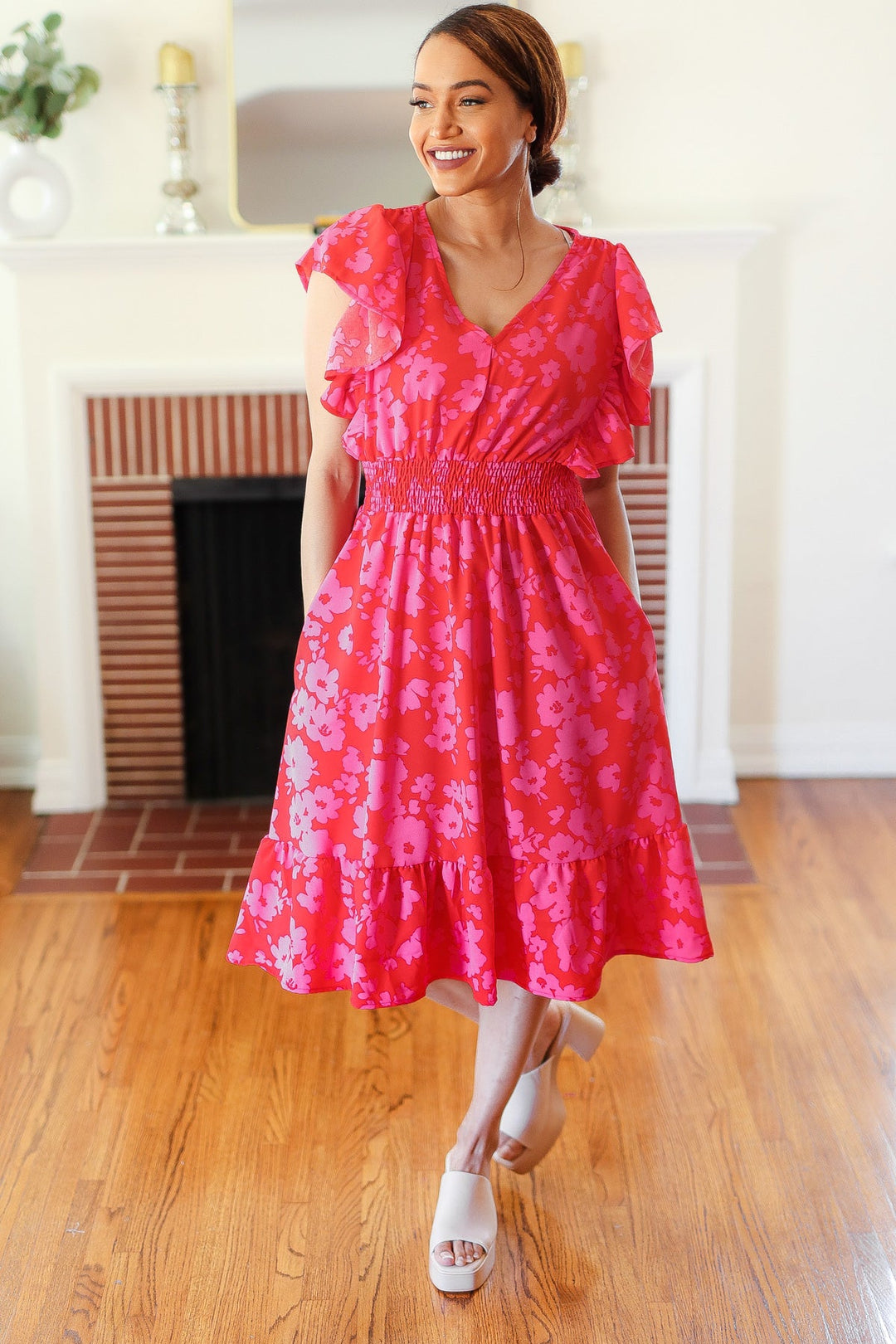 Remember Me Red &amp; Pink Floral Print Smocked Waist Midi Dress | Nikki &amp; Co. Boutique