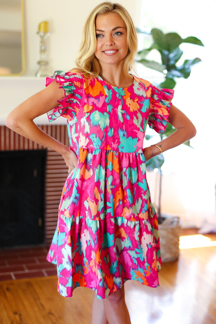 Look of Love Fuchsia Abstract Floral Print Smocked Ruffle Sleeve Dress | Nikki &amp; Co. Boutique